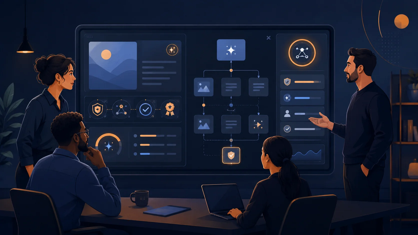 Small business marketing team reviewing AI content provenance signals on a dark dashboard