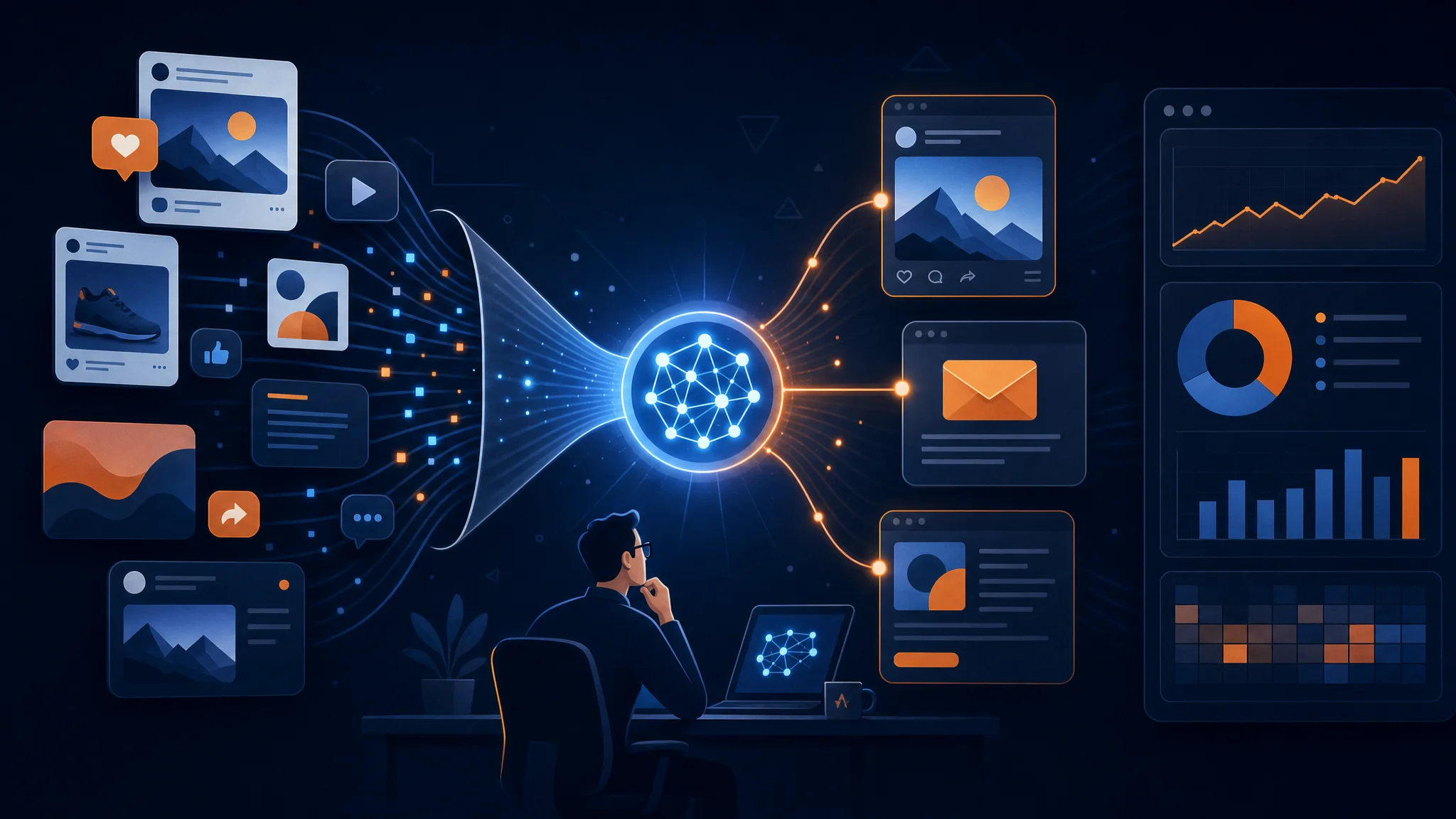 AI orchestrating marketing workflows: content creation, analytics dashboards, and campaign automation flowing through a central AI node