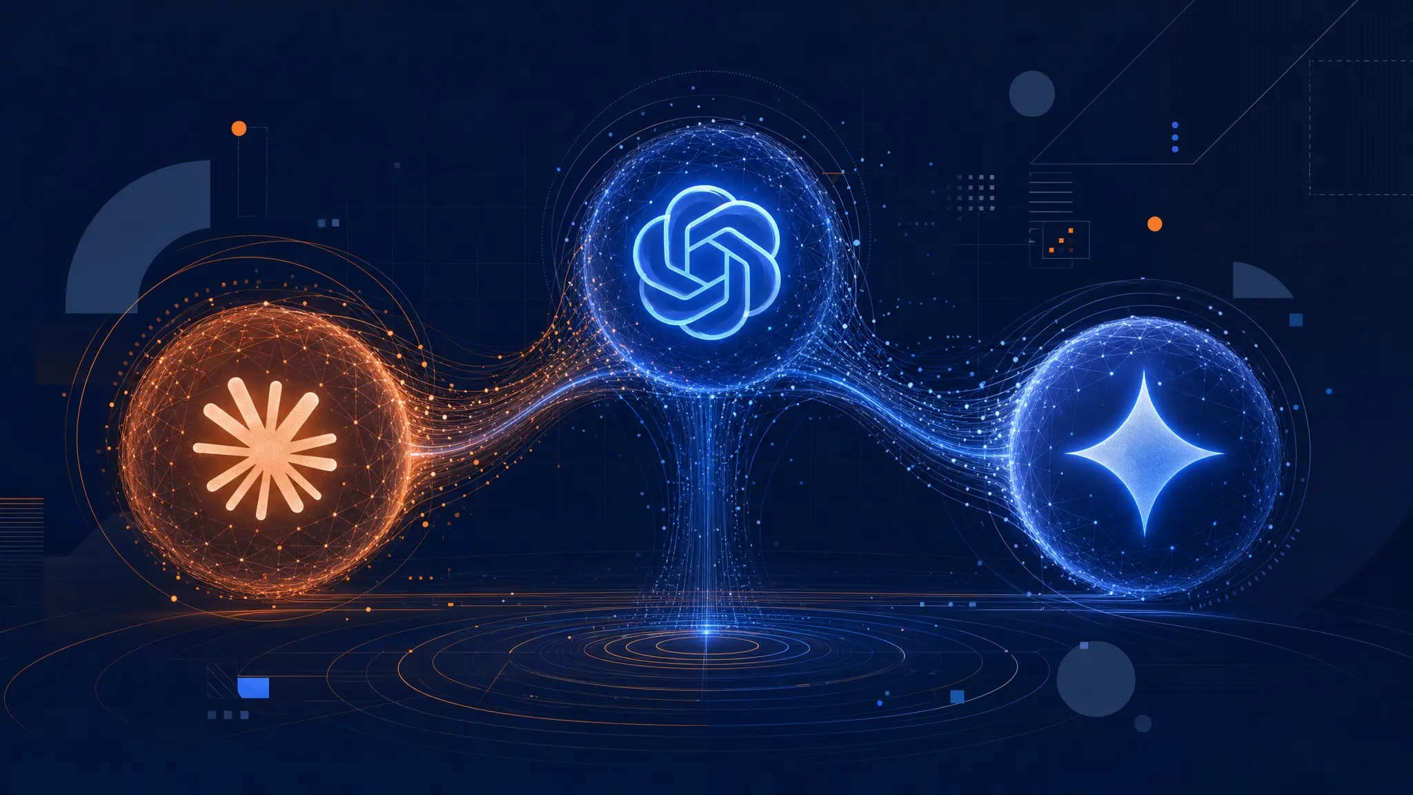 Three AI model nodes representing Claude, GPT, and Gemini connected by data streams against a dark navy background with orange accents