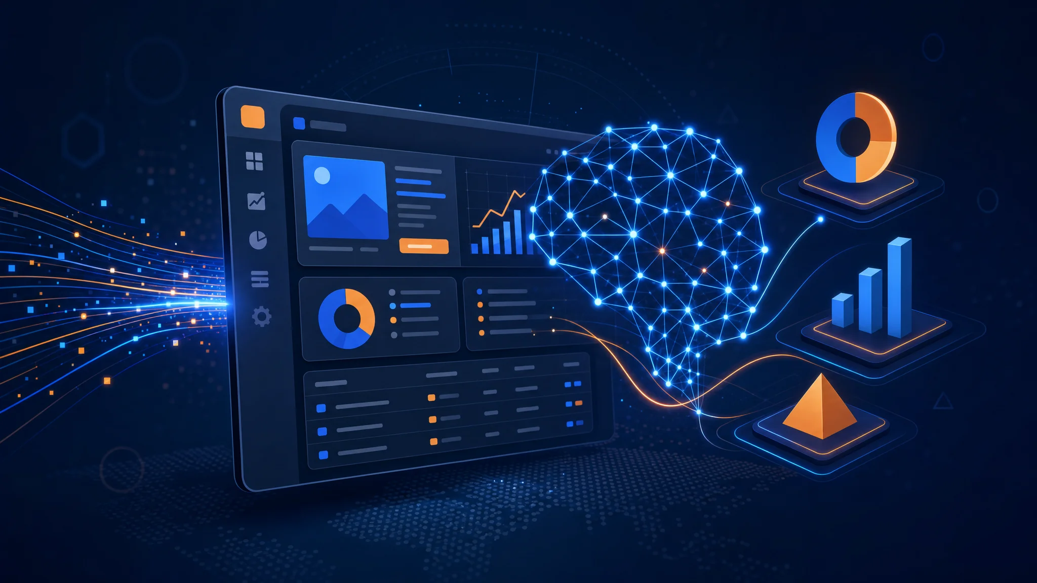 Abstract editorial illustration of AI-driven advertising dashboards with glowing data streams and campaign metrics