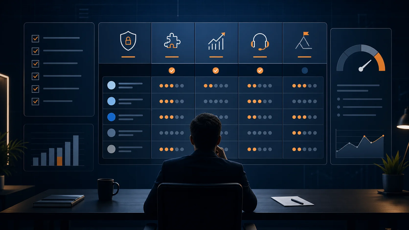 AI vendor evaluation dashboard with checklist panels for security, integrations, ROI, support, and risk