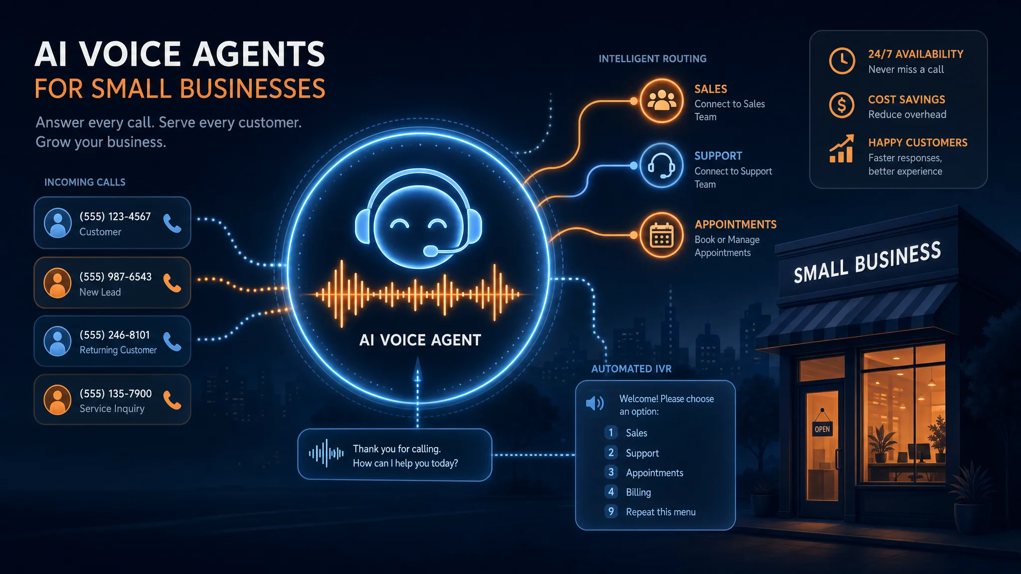 An AI voice agent interface glowing on a dark dashboard, representing automated phone call handling for small businesses