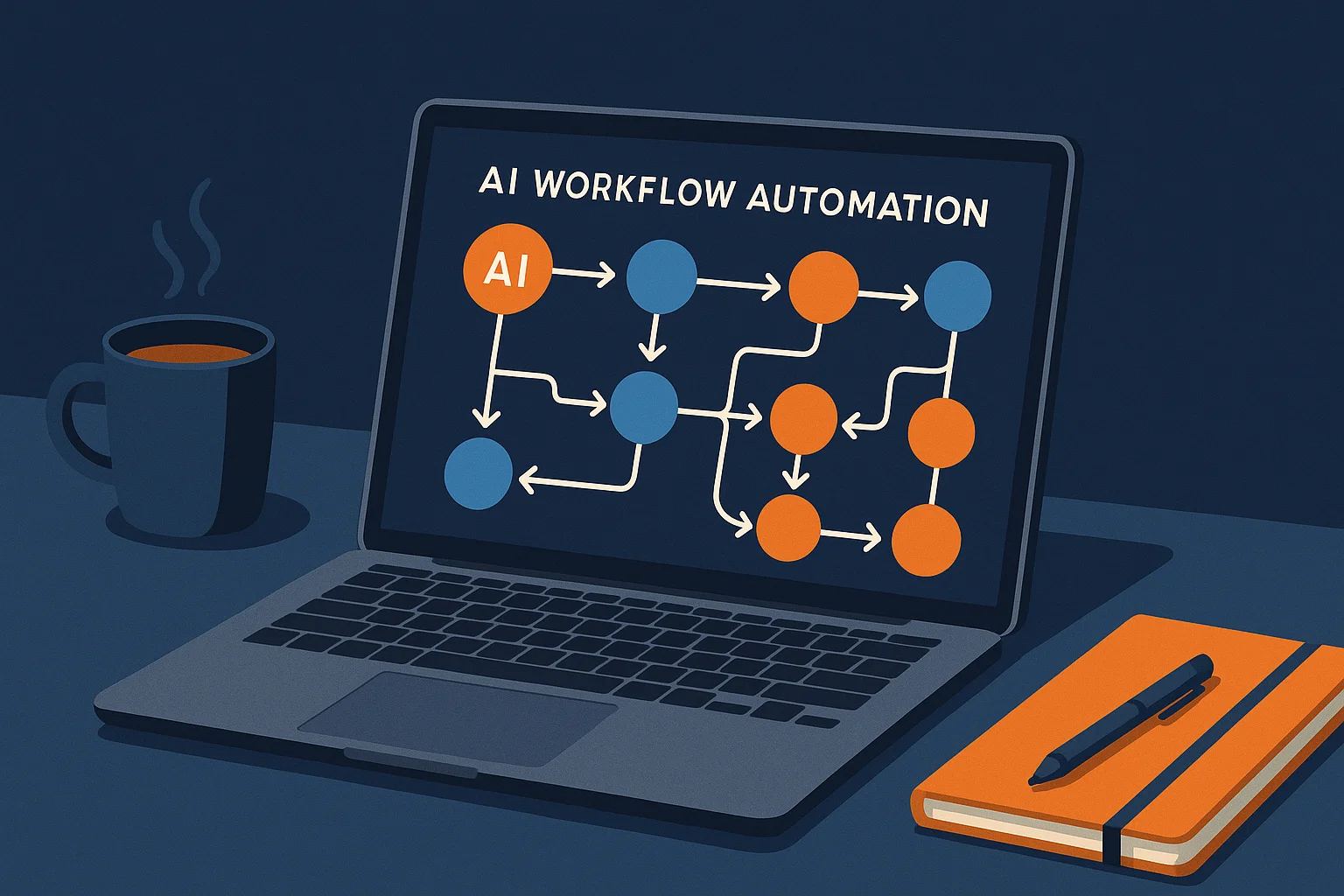 A laptop displaying a visual AI workflow automation diagram with connected nodes on a dark navy background with orange accents