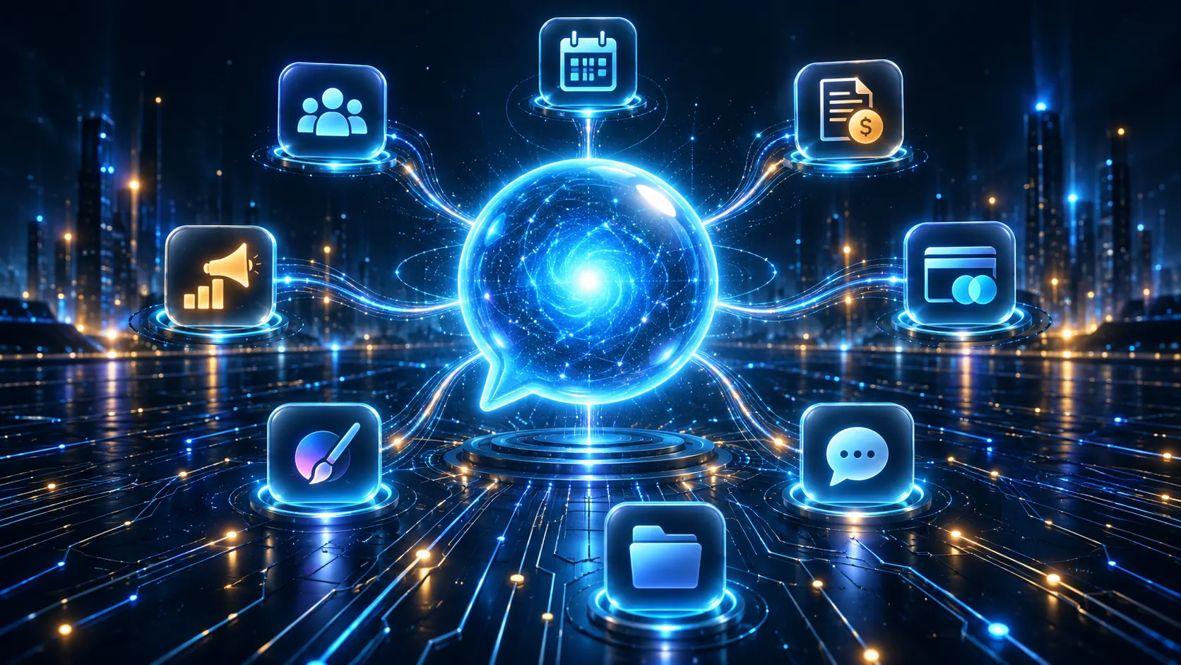 Conceptual illustration of a glowing central AI hub connected by luminous data lines to eight orbiting holographic business app icons representing CRM, invoicing, calendar, payments, messaging, files, design, and marketing tools