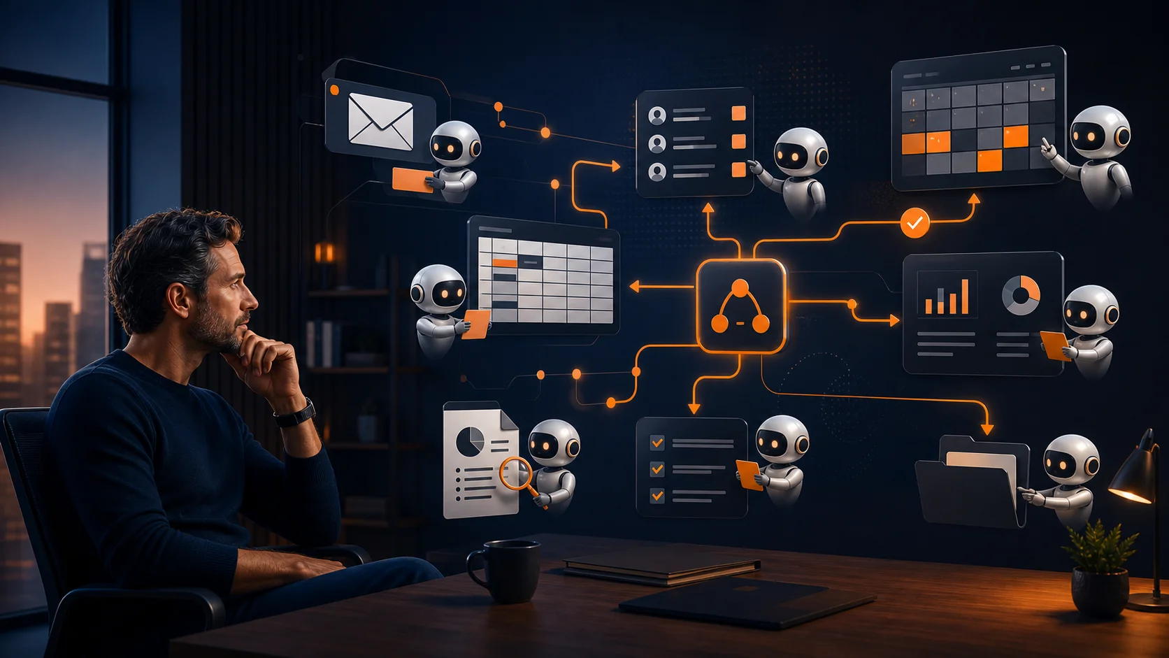 Editorial illustration of workplace AI agents coordinating email, spreadsheets, CRM, calendar, and reports