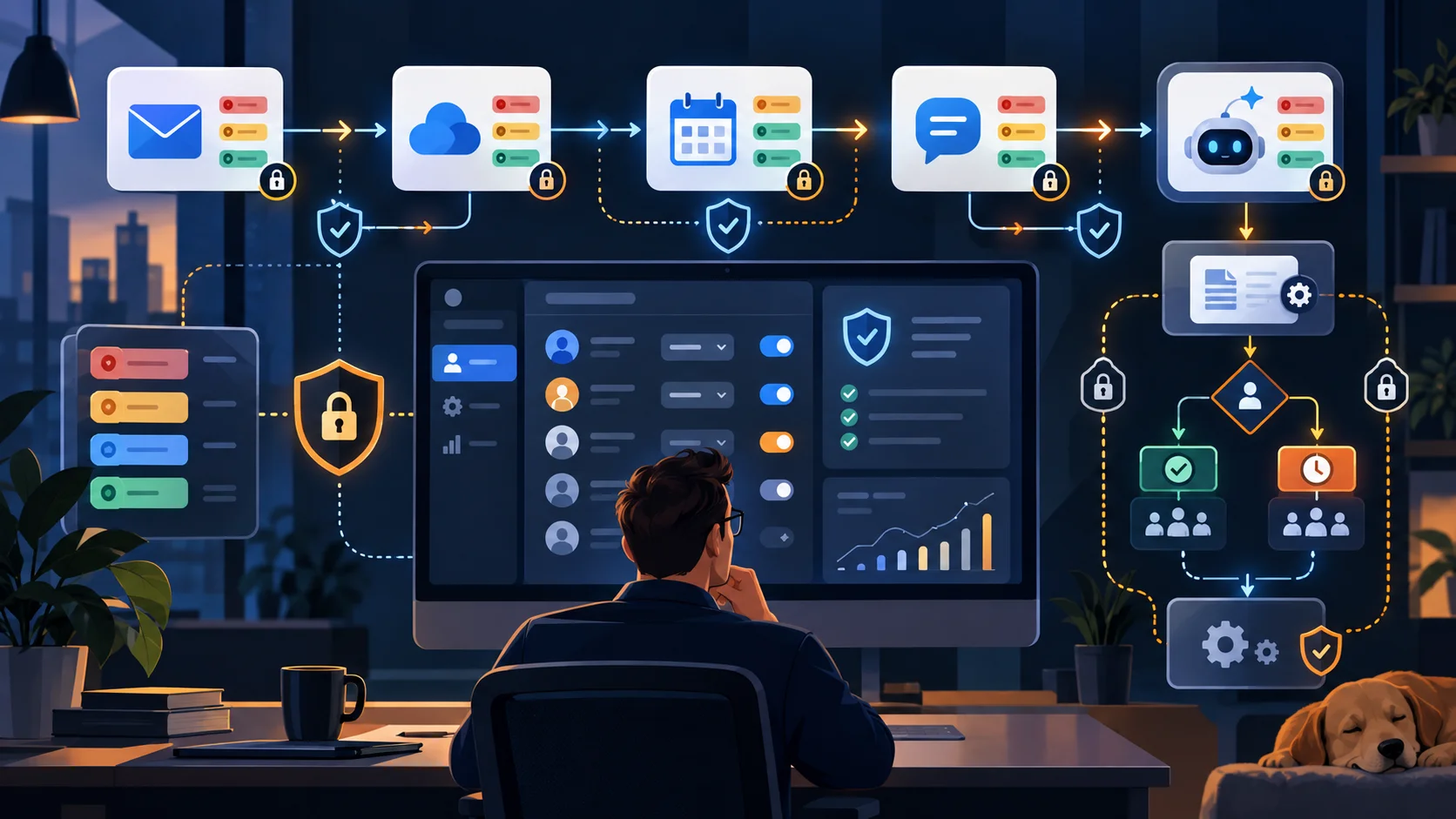 AI admin dashboard showing safe Google Workspace automation controls for a small business