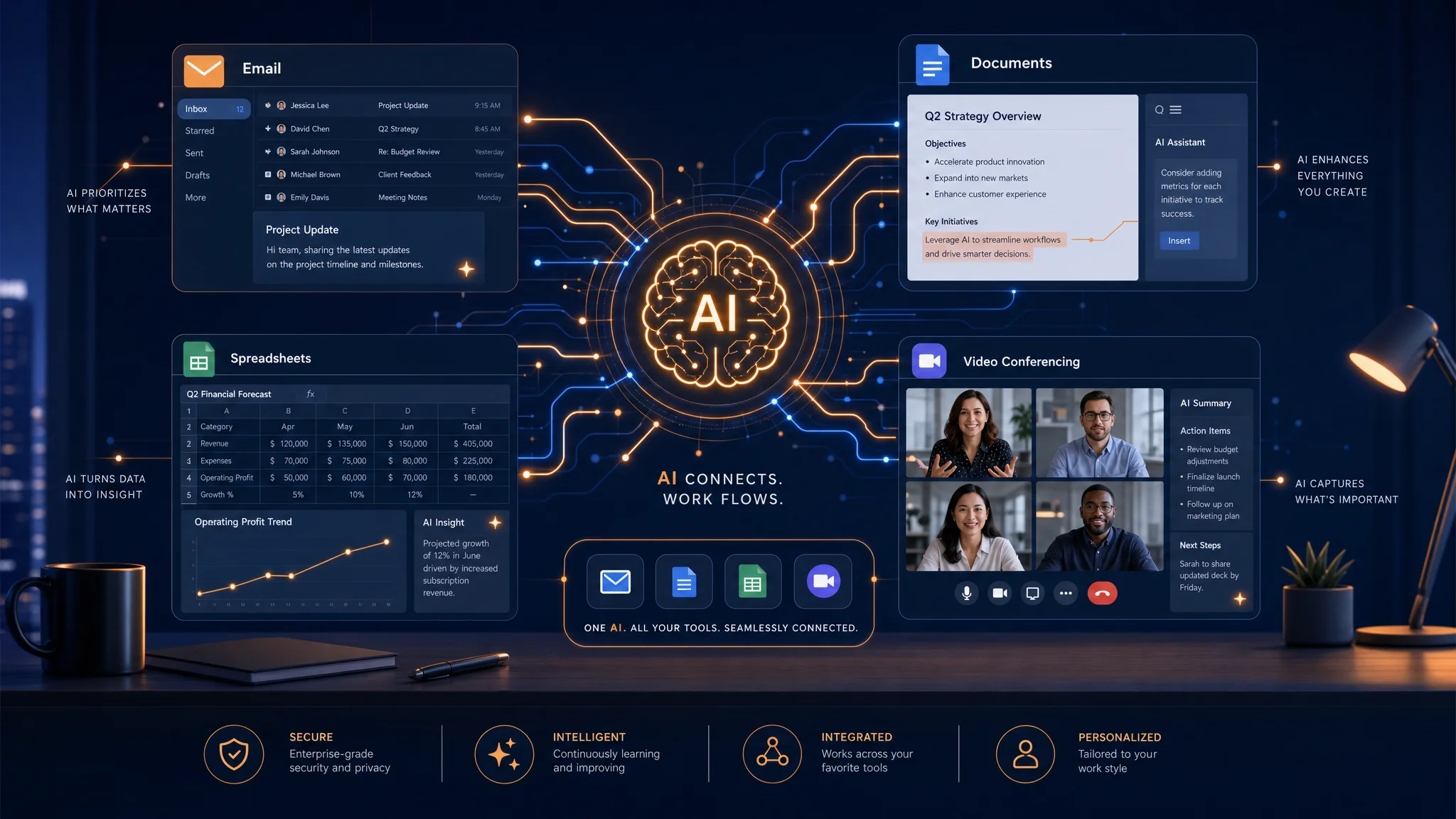 AI neural network connections linking productivity tool icons — email, documents, spreadsheets, and video — on a dark navy background with orange accent highlights