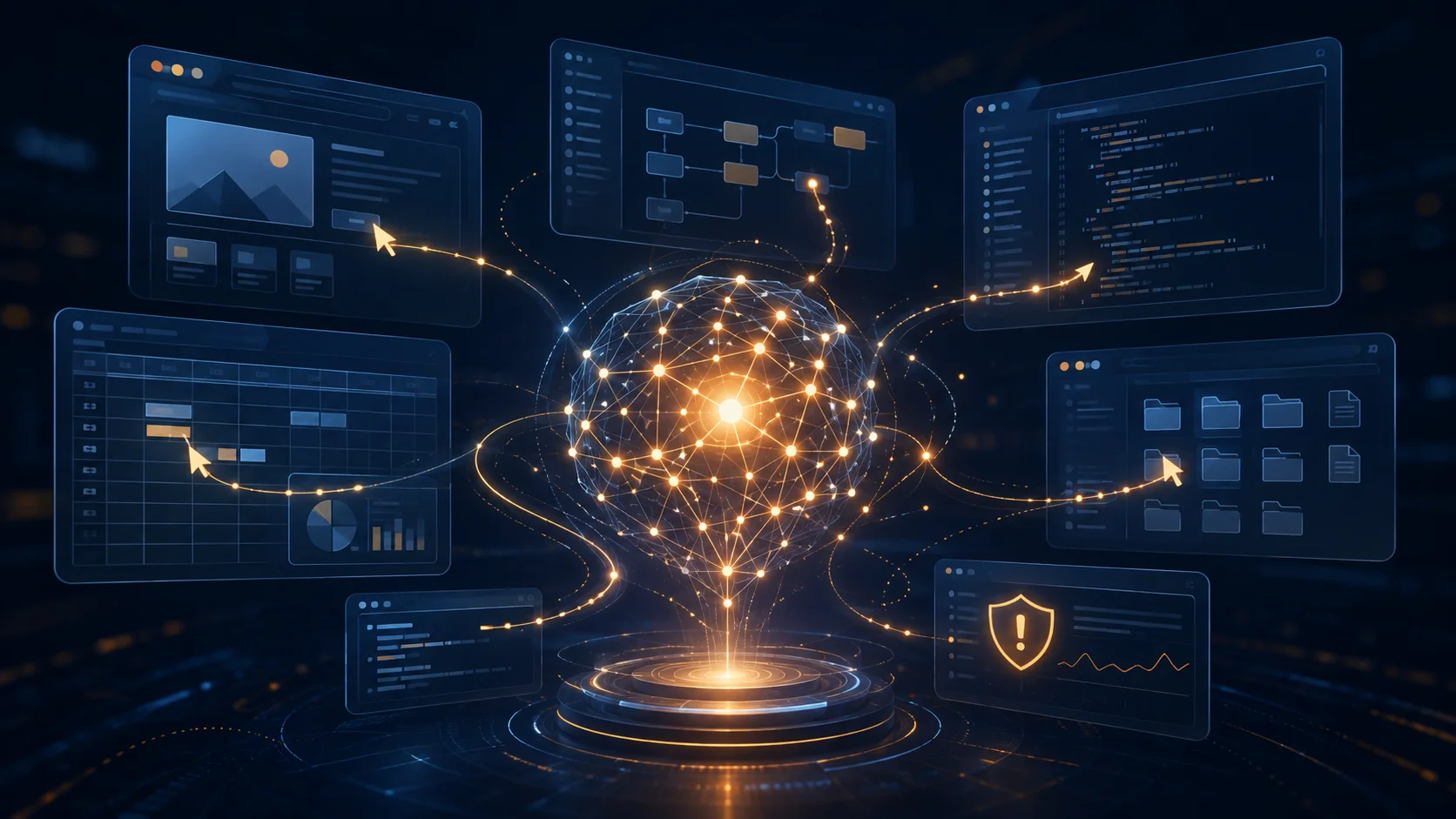 Conceptual illustration of a glowing AI system operating browser windows, spreadsheets, and code panels autonomously, representing GPT-6 Astra's computer-use capabilities