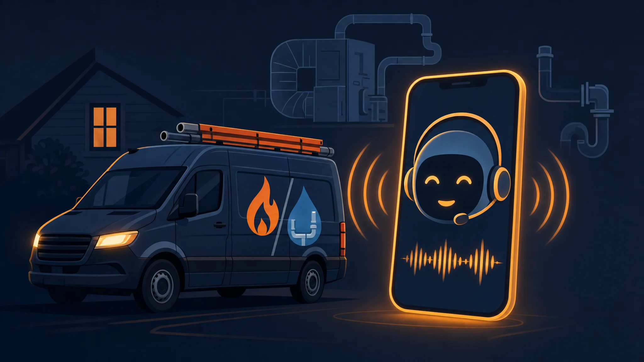 AI voice agent dispatch dashboard for an HVAC and plumbing company, dark navy interface with orange accents