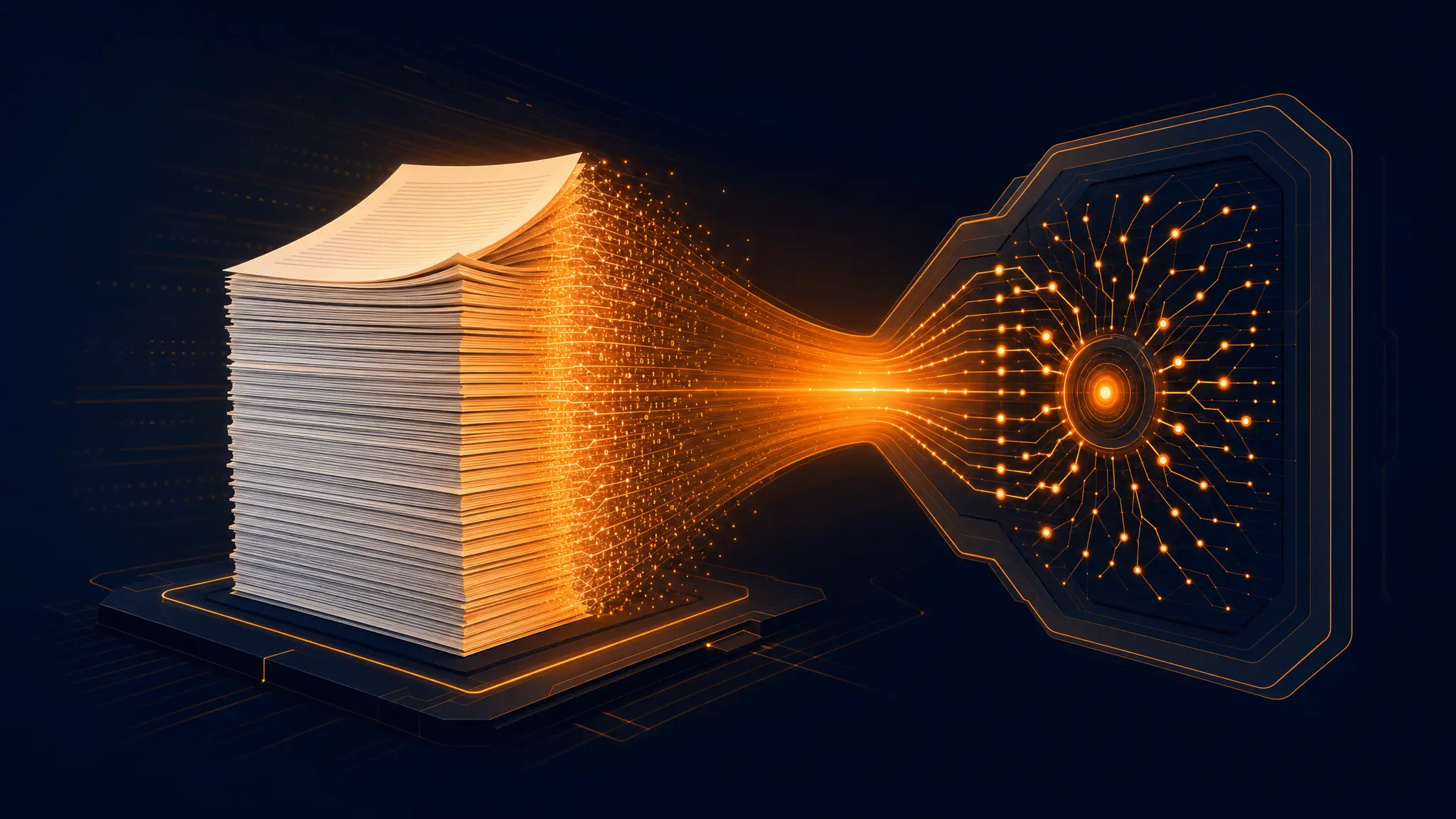 Abstract editorial illustration of an AI beam reading an entire glowing document stack in one pass, dark navy background with orange accent light