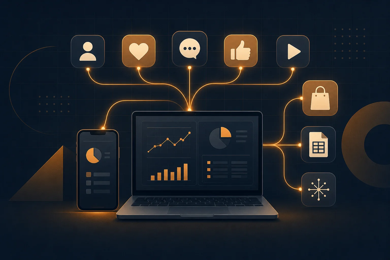 Conceptual illustration of a small business owner's phone and laptop connected by glowing light trails to social media, advertising, and document icons, representing AI linking business tools together