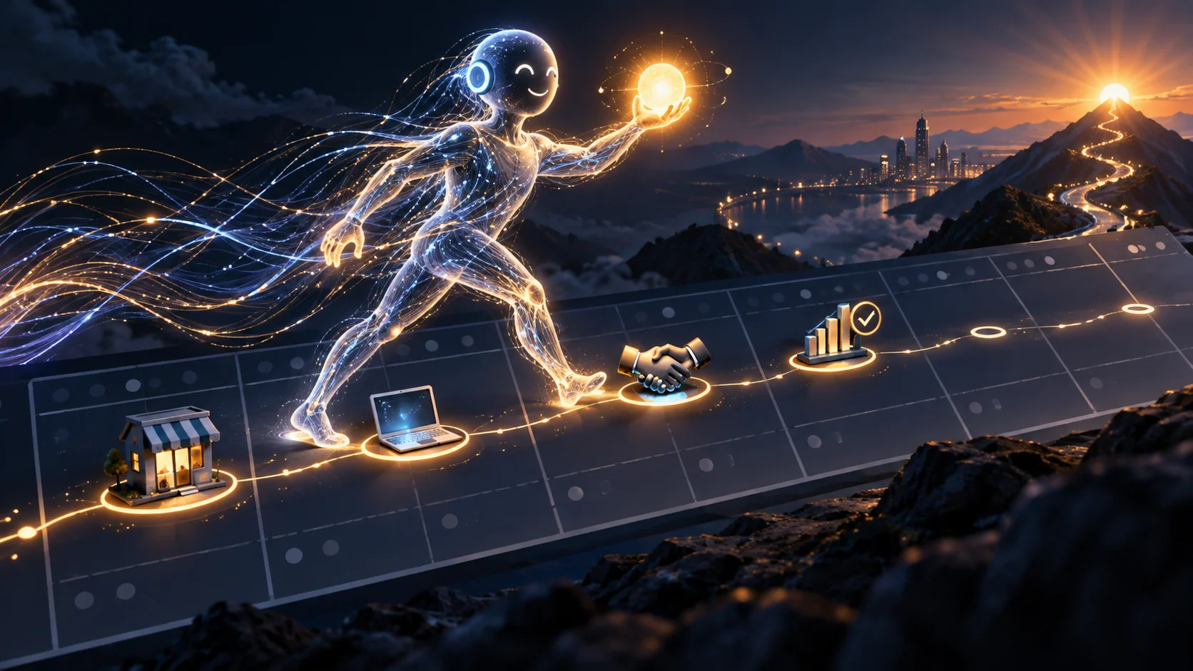 Conceptual illustration of a glowing AI agent extending across a timeline of weeks, connected to small business tasks, representing long-horizon AI agents that pursue goals over time