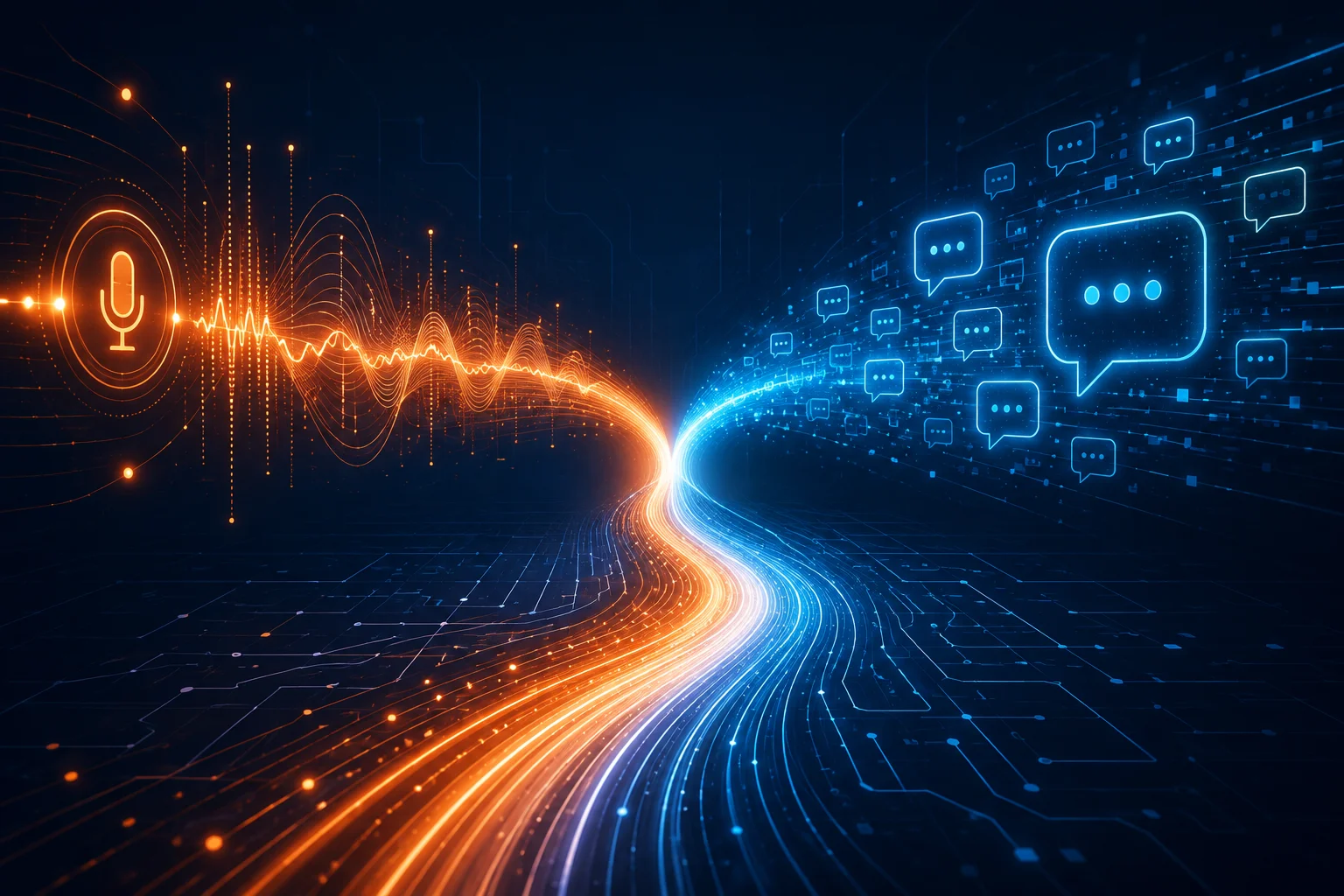 Conceptual illustration of a glowing voice waveform and a chat message trail merging into one unified AI communication pathway