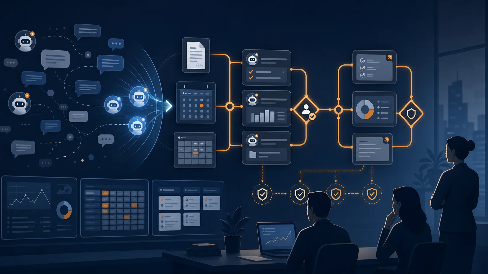 Editorial illustration of workplace AI agents moving through governed business workflows with human approval gates
