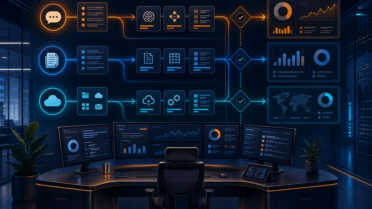 Workplace AI agent stack with approval gates, documents, and connected business apps on a dark navy interface